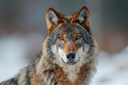 Grey wolf portrait in the snowy forest. Wildlife scene from nature.