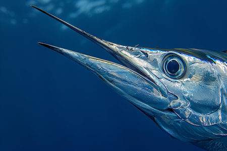 Close up of a swordfish in the blue ocean.