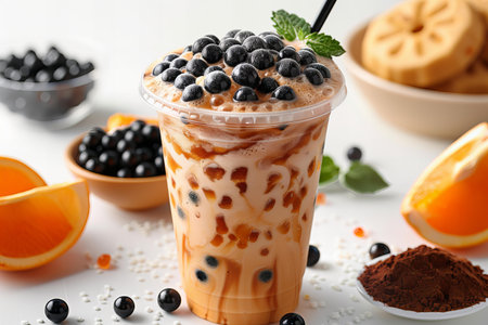 Delicious bubble tea with blueberries and orange on table, closeupの写真素材