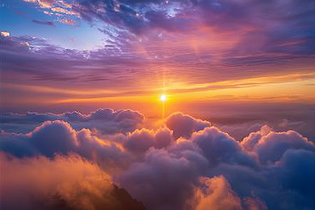 Beautiful sunset above the clouds in the sky. Nature background.