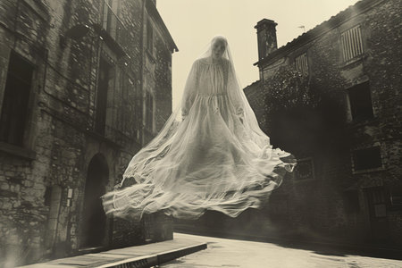 Fantasy image of a bride in a veil flying in the air