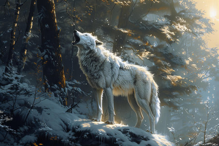 White wolf in the winter forest. 3d rendering. Computer digital drawing.