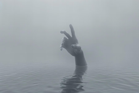 Hands in the water on a foggy day with a peace signの写真素材