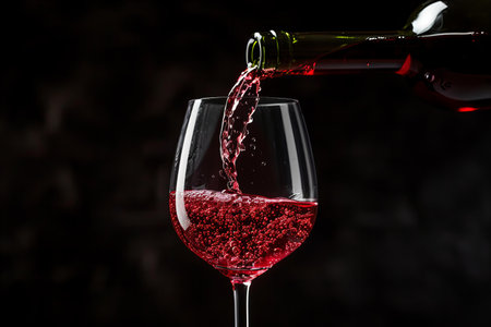 Pouring red wine into glass on brick wall background, closeup