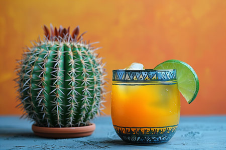 Cacti, lime and ice on a blue wooden table with a yellow backgroundの写真素材