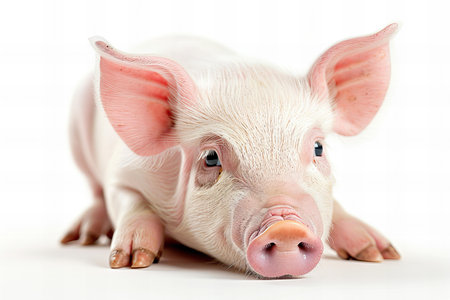Portrait of a cute pig who is lying on a white background