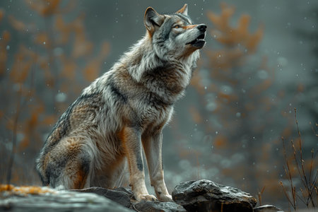 Portrait of a wolf in the forest. Wildlife scene from nature.