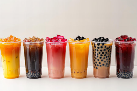 Iced Milk Tea with Bubbles in Plastic Cups on White Background