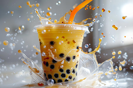 Iced Thai Milk Tea with Bubbles and Splashes on White Background