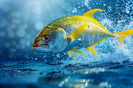 Fish with splashes of water on a background of blue sky.