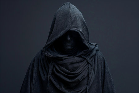 Hooded man in a black hood on a dark background.の写真素材