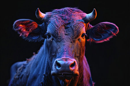 Portrait of a cow with horns on a black background in the dark