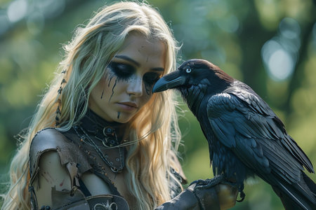 Portrait of a beautiful young woman with ravens in the forest