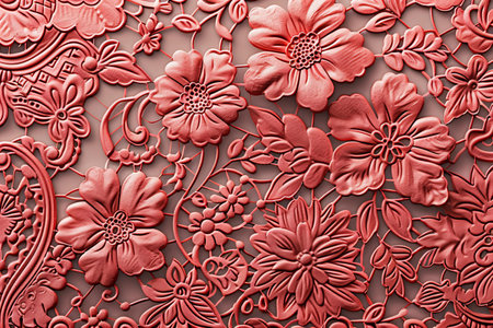 Paper cut flower pattern on brown background. 3d render illustration.の写真素材