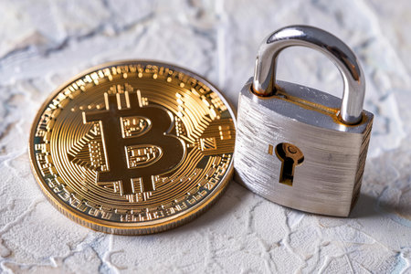 Golden bitcoin with a padlock. Cryptocurrency security concept.の写真素材