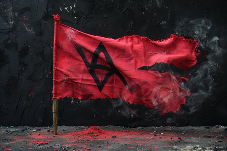 Red and white flag in the smoke against the background of a dark wall.の写真素材