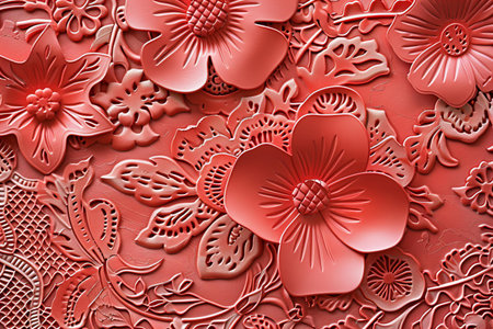 Paper flowers on red background. 3d rendering, 3d illustration.の写真素材