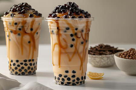 Delicious bubble tea with tapioca pearls on white tableの写真素材