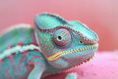 Close up of a colorful chameleon on a pink background.の写真素材