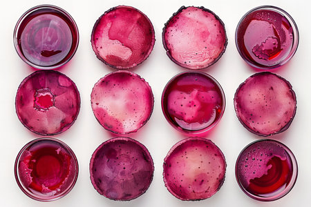 Red liquid in glass containers on a white background. Top view.