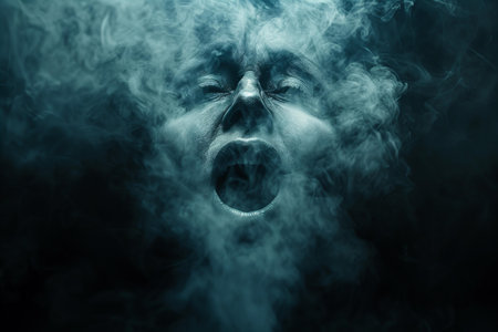Portrait of a man in a dark cloud of blue smoke with an open mouth
