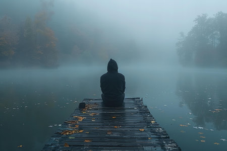 Man sitting on a wooden pier on a foggy autumn morning.