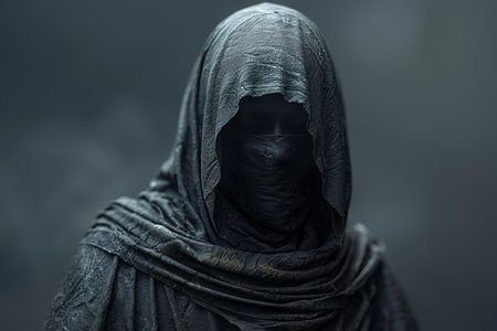 Portrait of a scary ghost woman in a black dress with hood