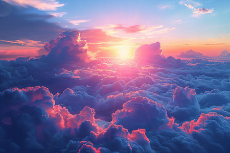 Beautiful aerial view above clouds at sunset. 3D illustration.