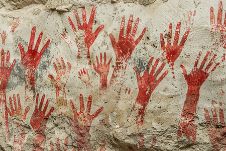 Hands painted in red paint on a stone wall. Abstract background.の写真素材