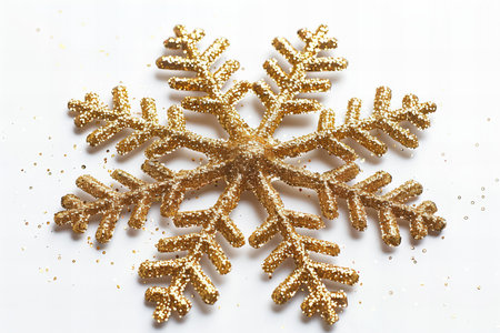 Golden snowflake on white background. Christmas and New Year concept.の写真素材
