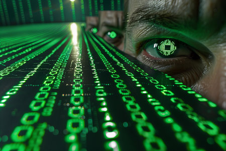 Cyber security concept: man with green eye and binary code.