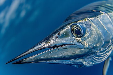 Close-up of a blue marlin fish head on a blue background