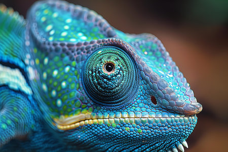 Close up of the head of a chameleon with blue eyesの写真素材