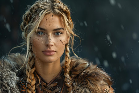 Portrait of a beautiful blonde girl in a fur coat in the rainの写真素材