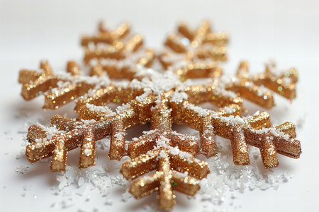 Christmas snowflake made of golden tinsel and snowflakes on white backgroundの写真素材