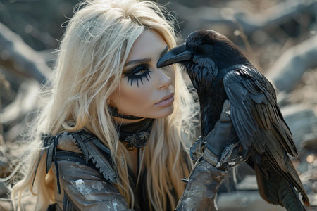 Portrait of a beautiful girl with black ravens in the forest