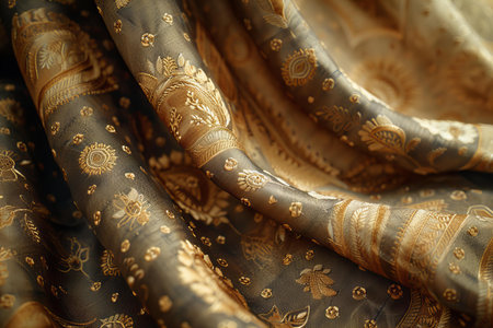 Texture, background, pattern. The fabric is brown with gold paisley pattern