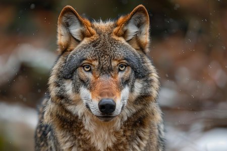 Close-up portrait of a gray wolf in the winter forest.