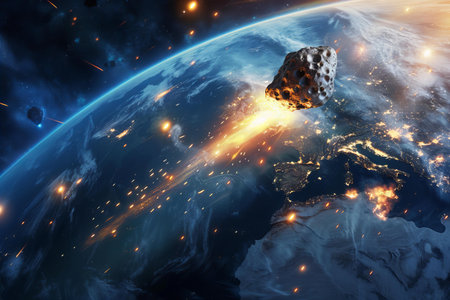 3D illustration of a meteorite in the space with the earthの写真素材