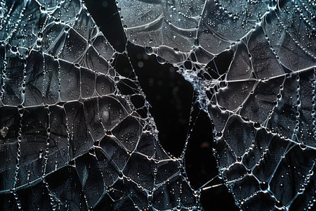 Drops of dew on a spider web on a black backgroundの写真素材