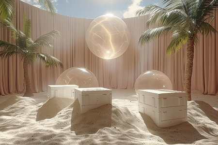 3d rendering of an outdoor scene with a palm tree and white chests