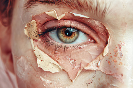Close up of a woman's eye with torn paper on it.の写真素材