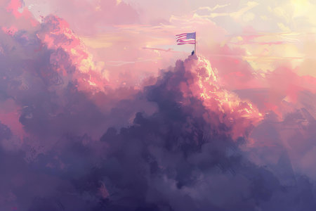 United States of America flag on top of a cloud at sunset. 3D Rendering
