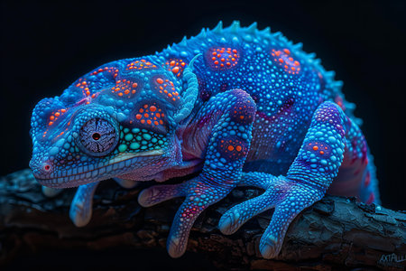 Colorful chameleon on black background. Close-up.の写真素材