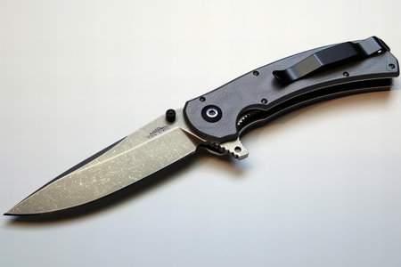 Folding knife with a handle on a white background. Close-up.