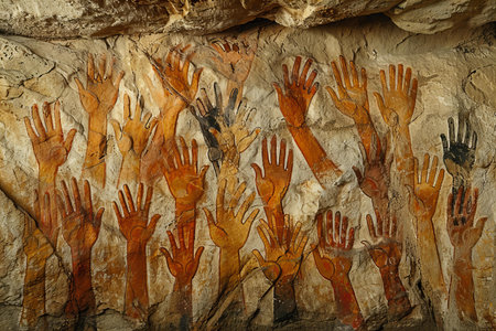 Painted hands in the cave. Cave paintings on the wall.の写真素材