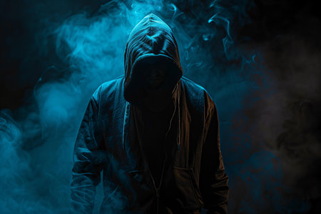 Hooded man in a hood on a black background with blue smoke