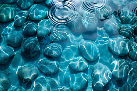 Blue water background with pebbles and ripples. Top view.