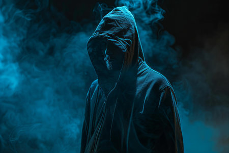 Man in a dark hoodie with a hood on his head in a cloud of smoke