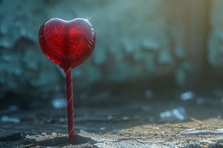 Red heart-shaped lollipop on a stick in the shape of a heartの写真素材